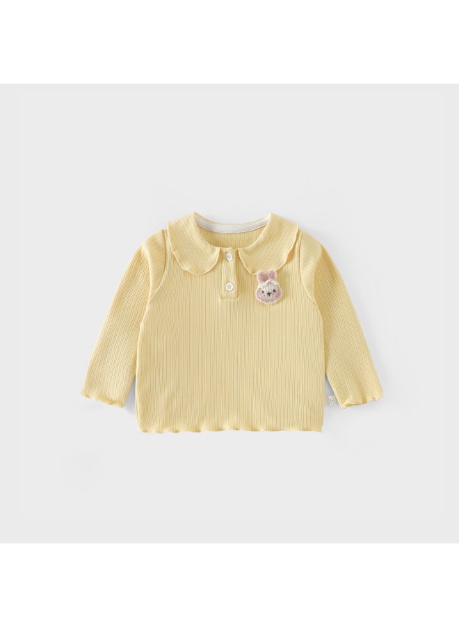 Girls' Cute Base Shirt With Small Left And Right Details, Autumn Korean Style Doll Collar T-shirt, Children's 3d Bunny Top