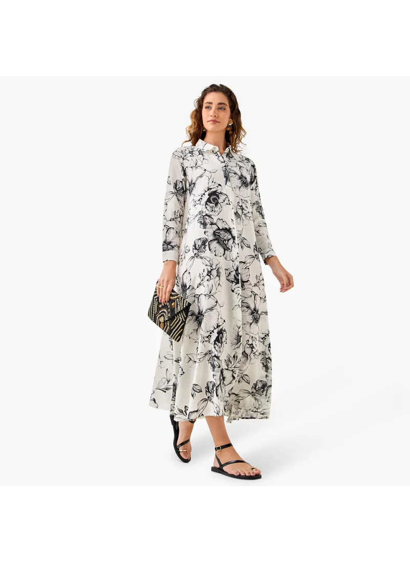 ايكونيك Iconic Floral Print Trapeze Maxi Dress with Collar and Long Sleeves