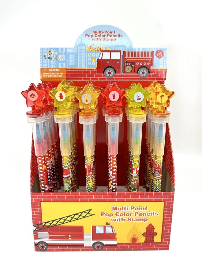TINYMILLS 24 Pcs Fire Truck 2 in 1 Stackable Stacking Crayon with Extra Stamper Topper, Kids Party Favors, Goodie Bag Stuffers, Classroom Rewards, Prizes - Image 1