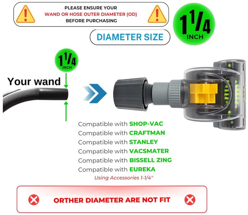 VACEXT 1-1/4'' Vacuum Turbo Brush Attachment for Pet Hair Removal â€“ Fits Shop Vacs 1.25â€(32mm) Hoses with Adapterâ€“ Air Driven Turbo Brush Compatible with Most Vacuum Cleaners Outer Diameter Hose 1-1/4 - Image 3