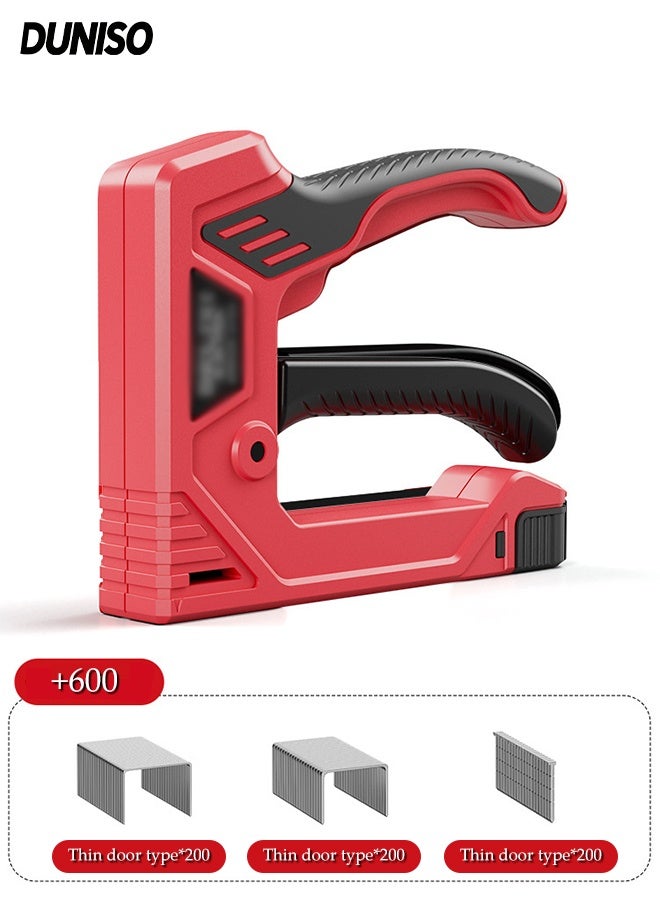 DUNISO Power Electric Cordless 4-in-1 Nail Gun,Heavy Duty Manual  Staple Gun for Wood, Upholstery, Construction, Insulation, Crafts, Fencing, and more,600 PCS of  Nails,143*113*27 mm(Red) - Image 1