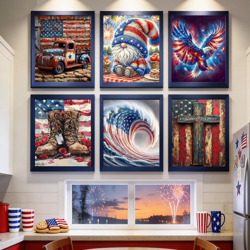 Clendo 6 Pack Independence Day Diamond Art Kits for Adults - 4 of July Patriotic Diamond Painting for Adults, Full Drill 5D Diamond Dots Gem Painting Kit for Wall Home Decor Arts Craft 12x16 inch - Image 2
