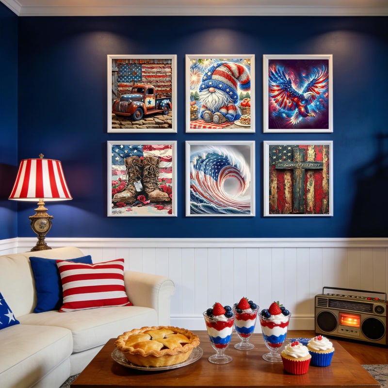 Clendo 6 Pack Independence Day Diamond Art Kits for Adults - 4 of July Patriotic Diamond Painting for Adults, Full Drill 5D Diamond Dots Gem Painting Kit for Wall Home Decor Arts Craft 12x16 inch - Image 4