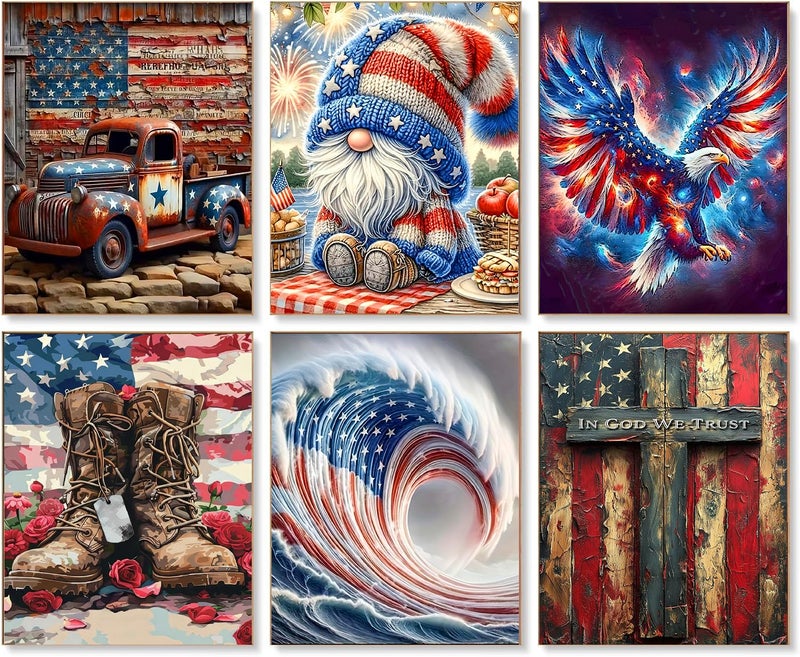 Clendo 6 Pack Independence Day Diamond Art Kits for Adults - 4 of July Patriotic Diamond Painting for Adults, Full Drill 5D Diamond Dots Gem Painting Kit for Wall Home Decor Arts Craft 12x16 inch - Image 1