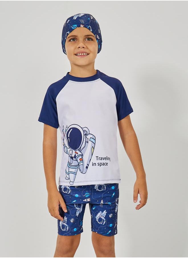 Styli Set of 3 - Astronaut Graphic Print Top, Shorts & Swimming Cap  - Image 1