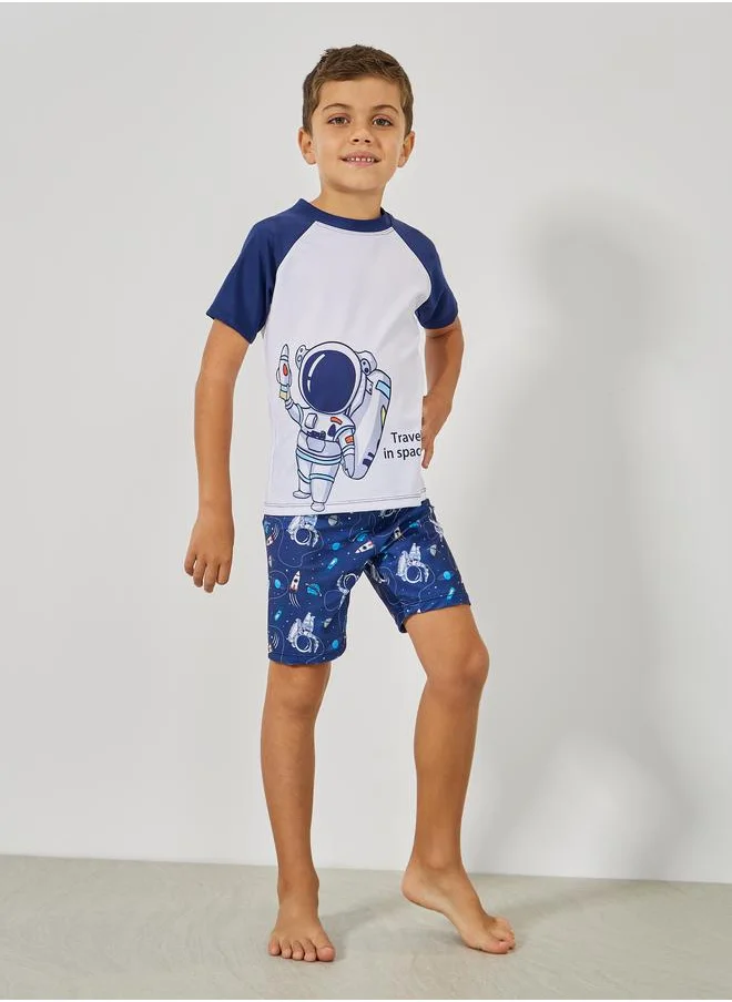 Styli Set of 3 - Astronaut Graphic Print Top, Shorts & Swimming Cap