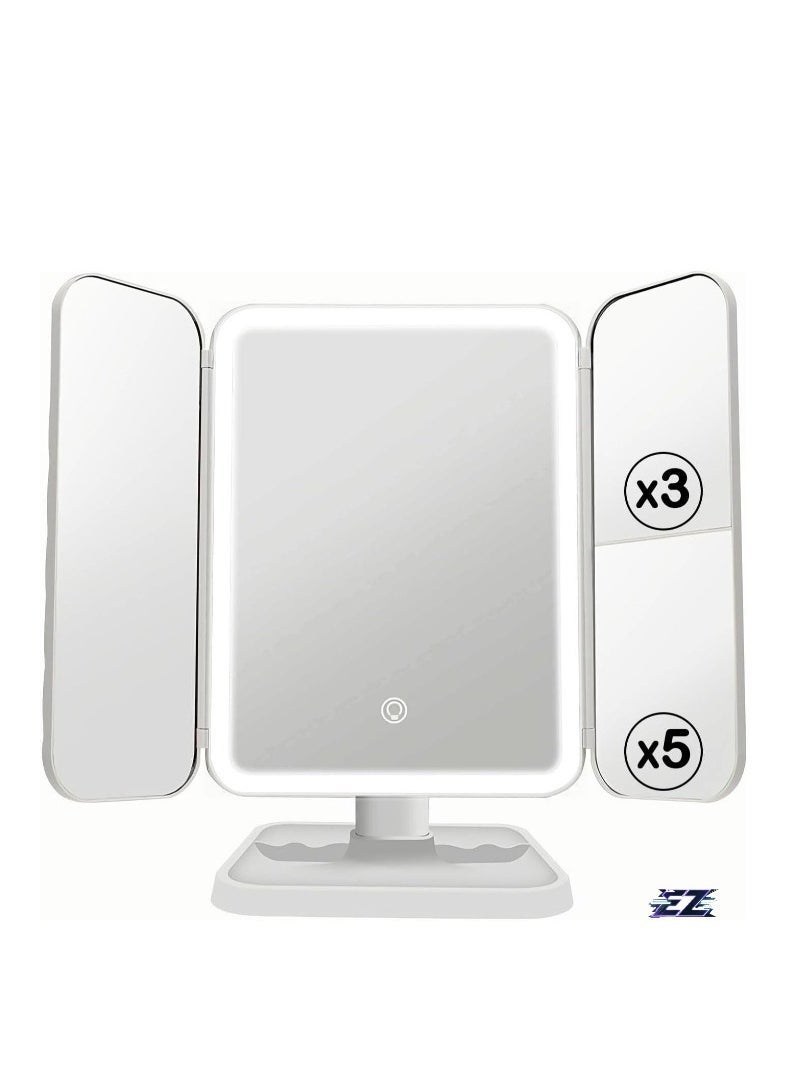 ELTRAZONE 3-Fold Lighted Makeup Mirror with 5X/3X/1X Magnification – 52 LED Vanity Mirror with Adjustable Brightness, Touch Screen Control, and 180° Adjustable Rotation – Portable, Foldable Countertop Cosmetic Mirror for Flawless Makeup Application - Image 1