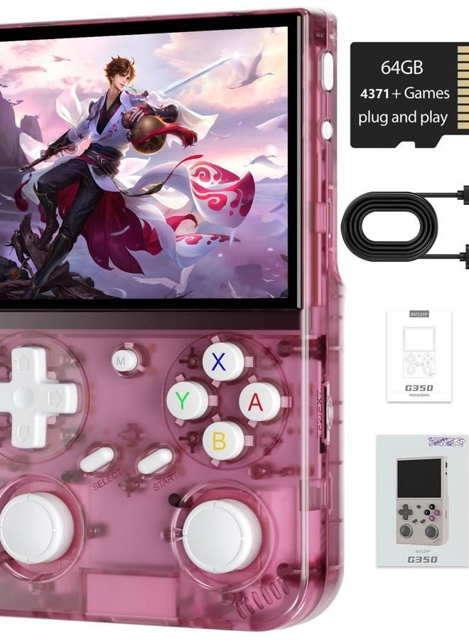 Voacle G350 Retro Handheld Game Console , 3.5 Inch IPS Screen Linux System Built-in 64G TF Card 4371 Games Preloaded Handheld Game Console 3200mAh Battery(Transparent Pink) - Image 1