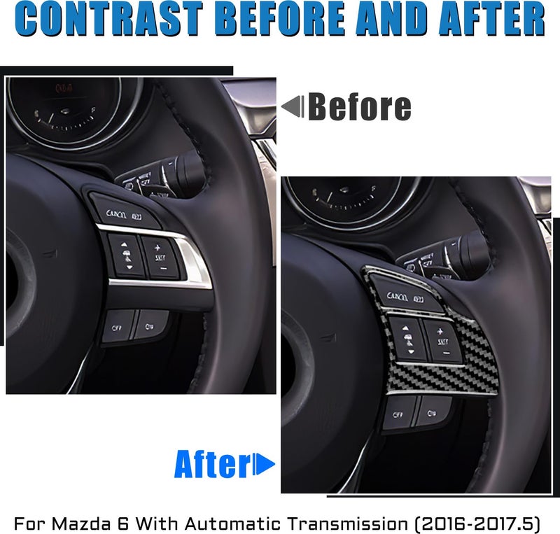 JUPIZEUS Carbon Fiber, Car Steering Wheel Button Frame Accent Cover Sticker for Mazda 6 2016-2017.5 with Automatic Transmission, Auto Interior Trim, 2PCS, Black - Image 3