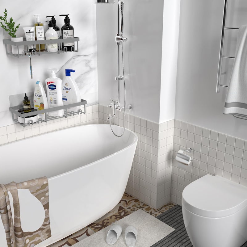 Moforoco Shower Caddy Shelf Organizer Rack, Self Adhesive Black Bathroom Shelves Basket, Home Farmhouse Wall Inside Organization and Storage Decor Rv Accessories, First Camper Apartment Essentials - Image 5