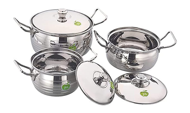 JVL Stainless Steel Cooking PotHandi with Lid Handle Set 850 1300 2200 ml 3Piece Silver Touch Handi Set for Cooking Handi Set for Kitchen Handi for Cooking and Serving JVLAPST1 - Image 1