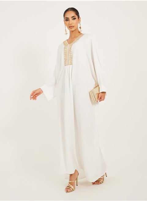 Embroidered V-Neck Batwing Sleeve A-Line Jalabyia