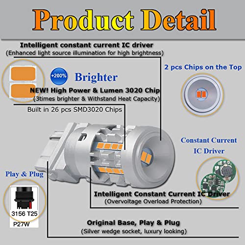Eluseastar T25 P27W 3156 3157 LED Bulbs Amber Built in Canbus Resistor Anti Hyper Flashing Turn Signal Light Extremely Bright Blinker, 2 Pack - Image 4
