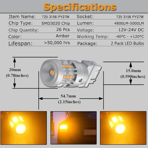 Eluseastar T25 P27W 3156 3157 LED Bulbs Amber Built in Canbus Resistor Anti Hyper Flashing Turn Signal Light Extremely Bright Blinker, 2 Pack - Image 3