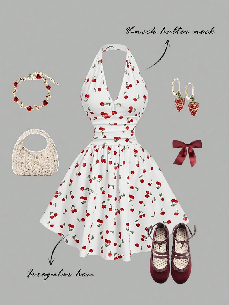 Vintage Girly Cherry Halter Dress, French Country Style High-Waist A-Line Skirt, Summer Outing Backless Short Dress - Image 2