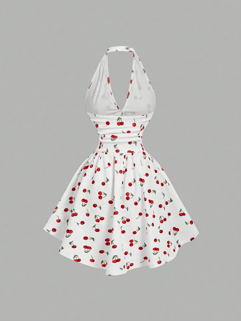 Vintage Girly Cherry Halter Dress, French Country Style High-Waist A-Line Skirt, Summer Outing Backless Short Dress - Image 3