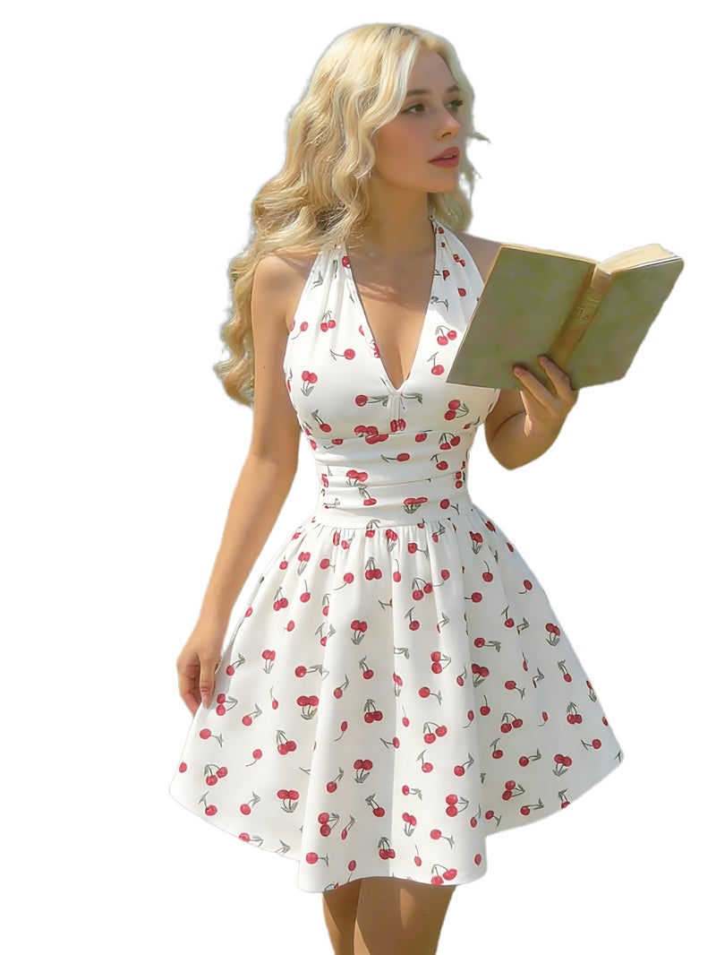 Vintage Girly Cherry Halter Dress, French Country Style High-Waist A-Line Skirt, Summer Outing Backless Short Dress - Image 1