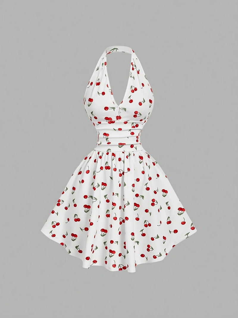 Vintage Girly Cherry Halter Dress, French Country Style High-Waist A-Line Skirt, Summer Outing Backless Short Dress - Image 4