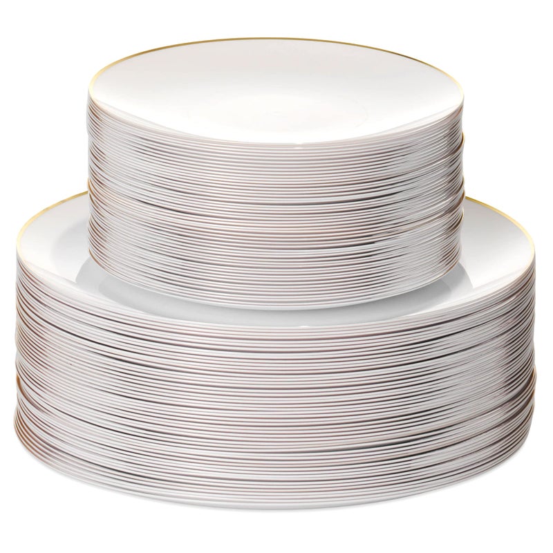 100PCS White Dinnerware Combo  50 Gold Rim AppetizerDessert Plates 75in  50 Dinner Plates 10in  Heavy Duty Disposable Plastic Plates For Wedding Parties Catering