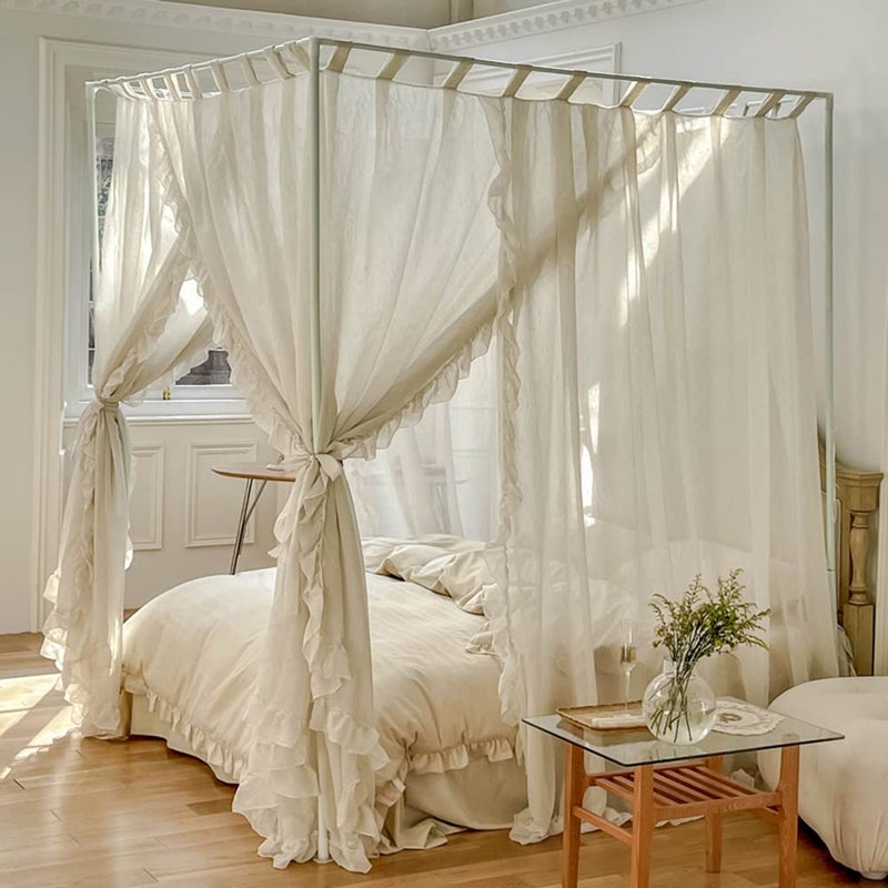 Mengersi Linen Canopy Bed CurtainsBed Canopy Curtains Bed Drapes Sheer Curtains for Bedroom Decor Ivory King