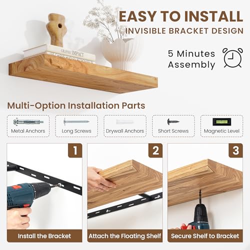 Acovy Extra Deep 24" Long Rustic Solid Wood Floating Shelves for Wall, Wall Shelves with Invisible Bracket for Living Room Bathroom Bedroom Kitchen, Set of 2, Natural - Image 5