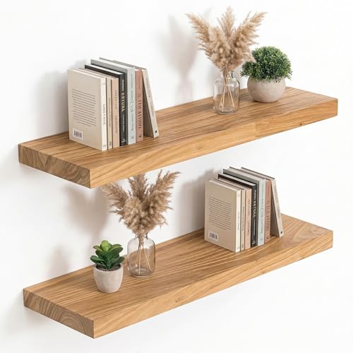 Acovy Extra Deep 24" Long Rustic Solid Wood Floating Shelves for Wall, Wall Shelves with Invisible Bracket for Living Room Bathroom Bedroom Kitchen, Set of 2, Natural - Image 1