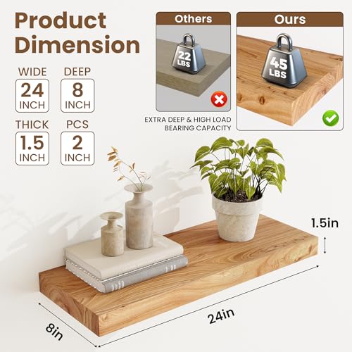 Acovy Extra Deep 24" Long Rustic Solid Wood Floating Shelves for Wall, Wall Shelves with Invisible Bracket for Living Room Bathroom Bedroom Kitchen, Set of 2, Natural - Image 3