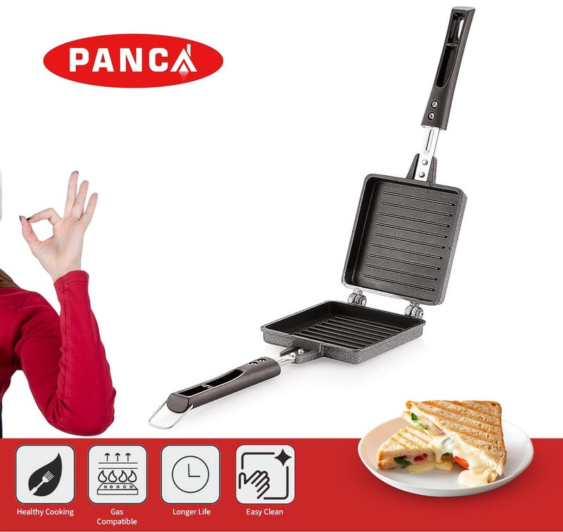 PANCA شواية بانكا غير لاصقة كبيرة تعمل بالغاز صانعة السندويشات مع مقابض باكليت وموقد غاز شواية ألمنيوم أسود - Image 2