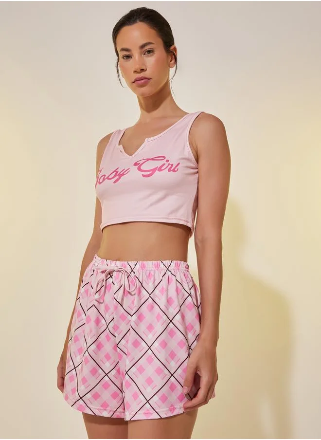 تايك تو Take Two Text Print Cropped Cami and Shorts Pyjama Set