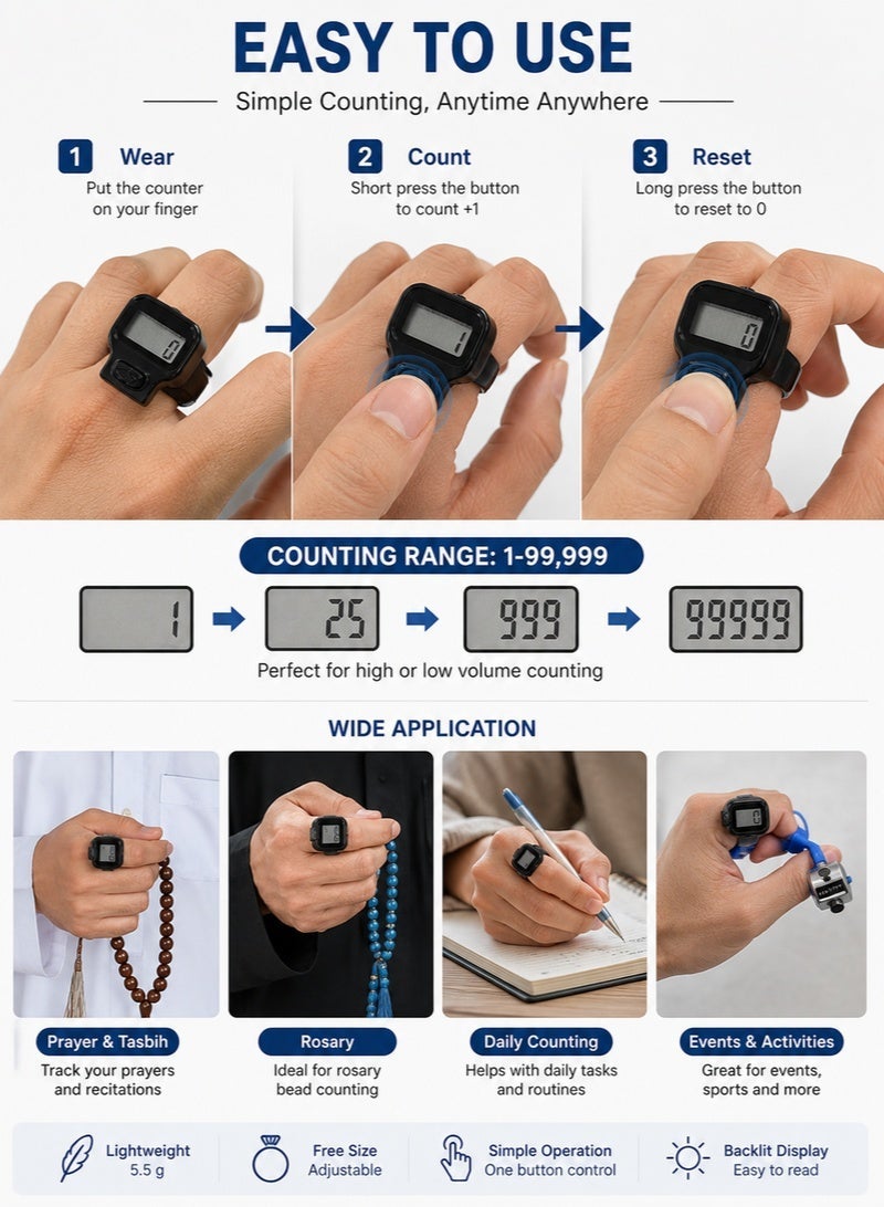 12 Packs x 3 Pieces Digital Finger Counter Set with Backlit Display, Adjustable Ring Counter for Prayer, Rosary, Meditation and Daily Counting - Image 3