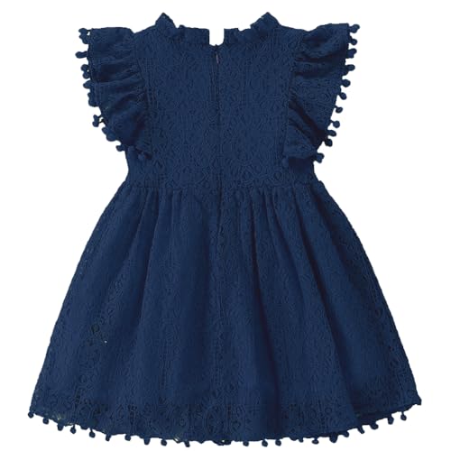 BGFKS Baby Girl Tutu Dress Elegant Lace Pom Pom Flutter Sleeve with Flower Headband Set(Navy,6 Months) - Image 3