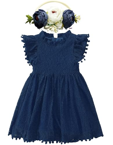 BGFKS Baby Girl Tutu Dress Elegant Lace Pom Pom Flutter Sleeve with Flower Headband Set(Navy,6 Months) - Image 1