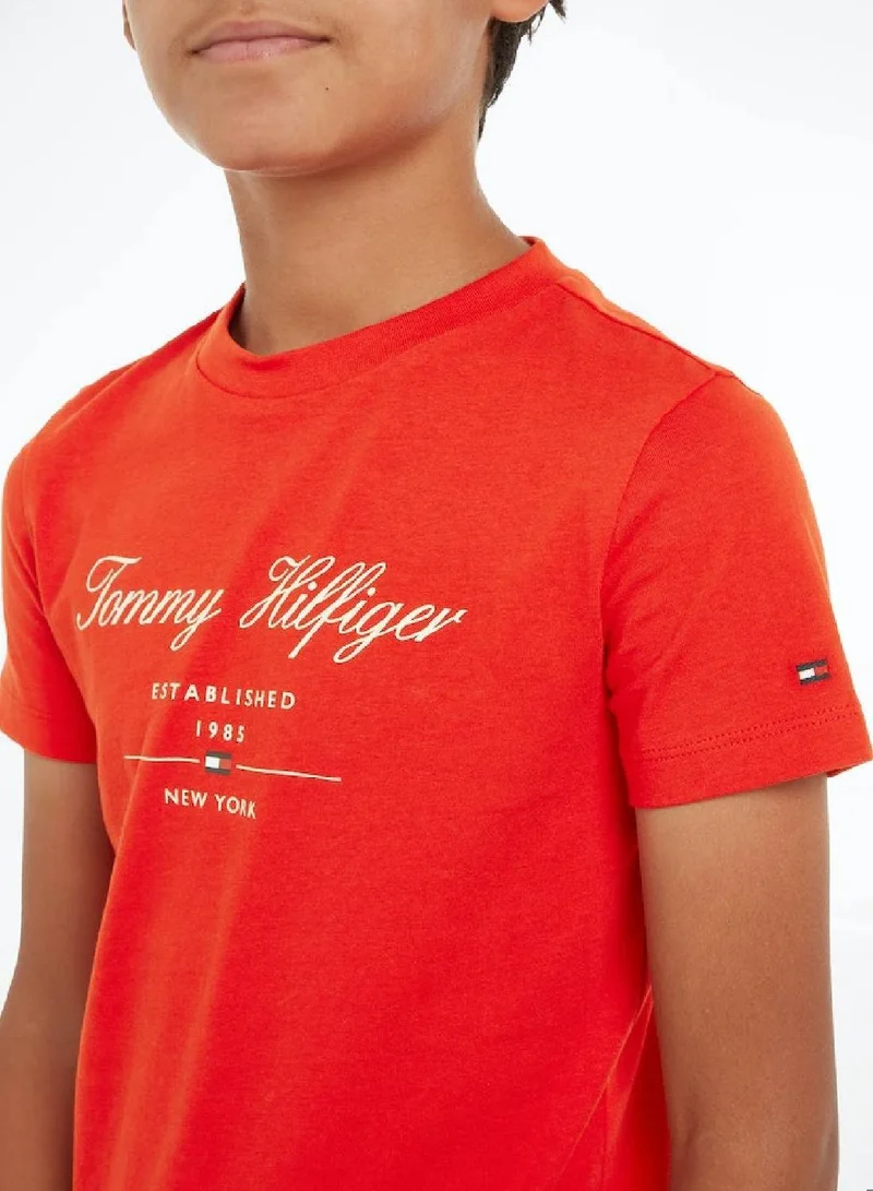 TOMMY HILFIGER Boys' Script Logo Short Sleeves T-Shirt - Cotton, Red