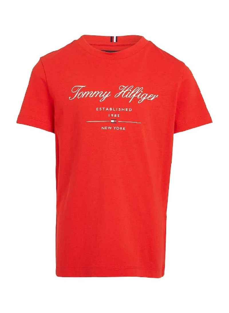 TOMMY HILFIGER Boys' Script Logo Short Sleeves T-Shirt - Cotton, Red