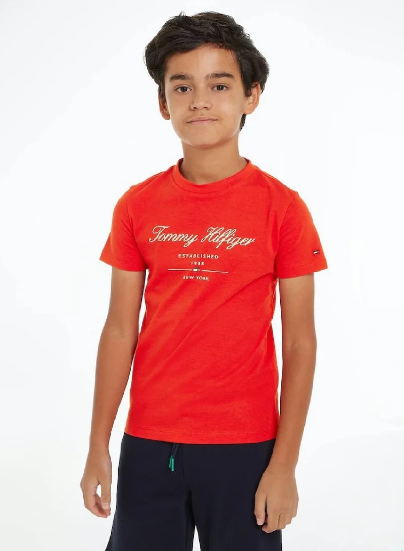 TOMMY HILFIGER Boys' Script Logo Short Sleeves T-Shirt - Cotton, Red