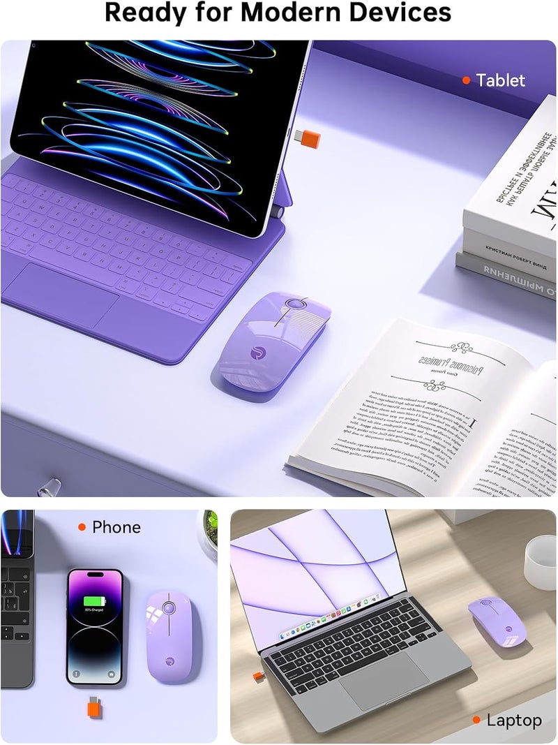 RAPIQUE Type C Wireless Mouse for USB-C Devices, Slim Silent Mouse with USB-C Receiver, 800/1200/1600 DPI, AA Battery Powered, Portable 2.4GHz Wireless Mouse for MacBook, iPad Pro, Laptop – Purple - Image 3