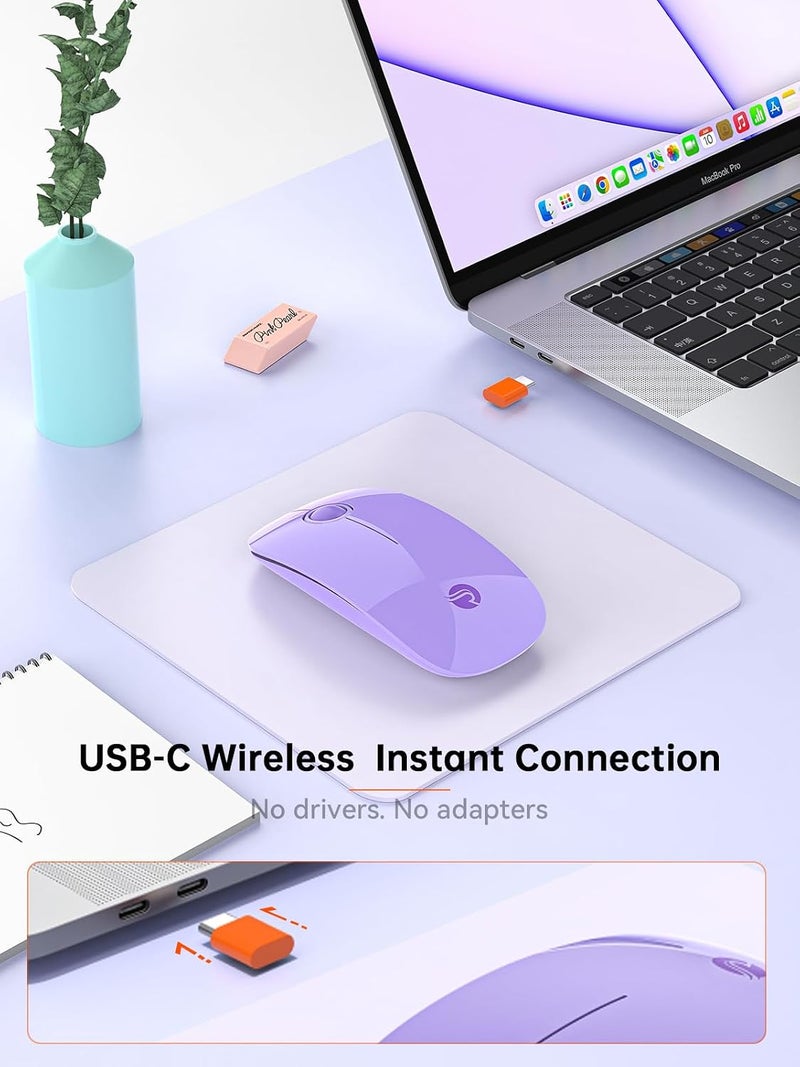 RAPIQUE Type C Wireless Mouse for USB-C Devices, Slim Silent Mouse with USB-C Receiver, 800/1200/1600 DPI, AA Battery Powered, Portable 2.4GHz Wireless Mouse for MacBook, iPad Pro, Laptop – Purple - Image 2