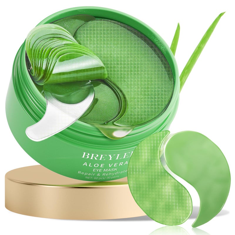 BREYLEE Aloe Vera Eye Masks 60 Pcs  Puffy Eyes and Dark Circles Treatments  Look Younger and Reduce Wrinkles and Fine Lines Undereye Improve and Firm eye Skin  Pure Natural Material Extraction