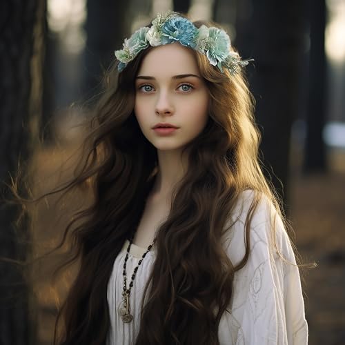 Vivivalue Fairy Flower Crown Blue Floral Headband Elf Headpiece for Women Girls Princess Wedding Bridal Shower Photo Prop Cosplay Renaissance - Image 2