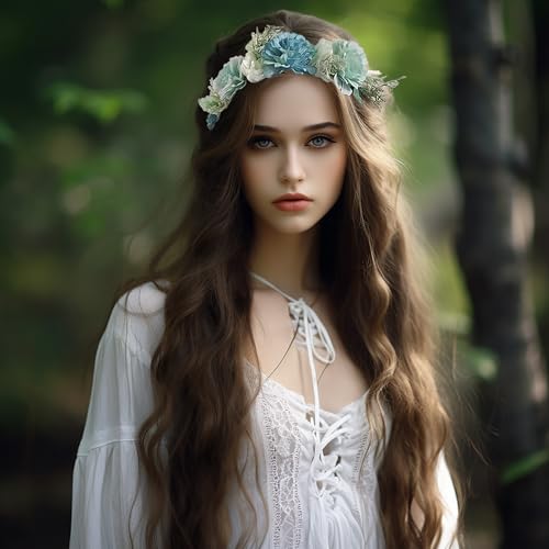 Vivivalue Fairy Flower Crown Blue Floral Headband Elf Headpiece for Women Girls Princess Wedding Bridal Shower Photo Prop Cosplay Renaissance - Image 4