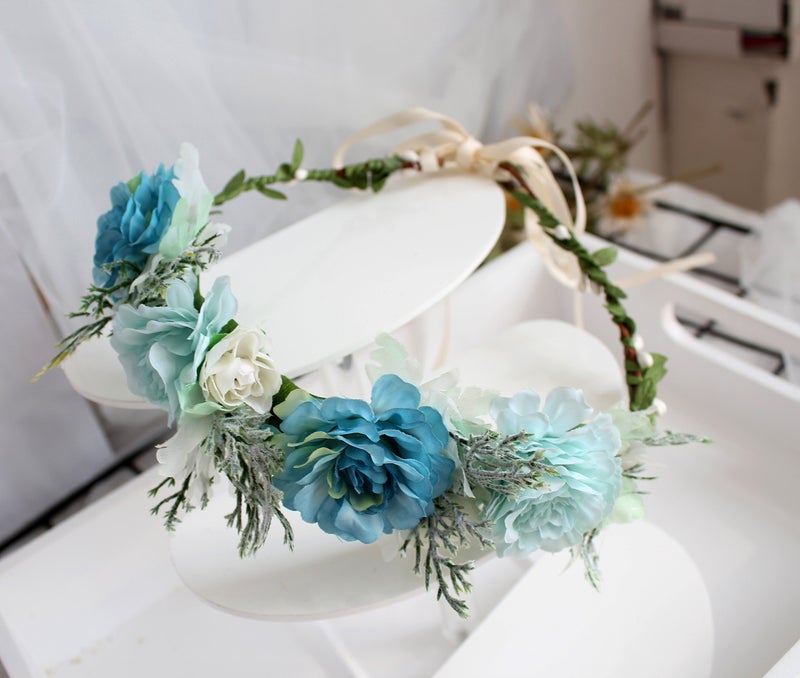 Vivivalue Fairy Flower Crown Blue Floral Headband Elf Headpiece for Women Girls Princess Wedding Bridal Shower Photo Prop Cosplay Renaissance - Image 3