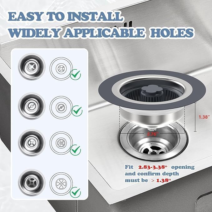 Bitrexup مجموعة مصفاة ومسدس تصريف حوض المطبخ 3 في 1 من بيتريكس أب، مصدات حوض المطبخ من الفولاذ المقاوم للصدأ SUS304، مصدات حوض المطبخ ذات التصريف السريع لمصرف قياسي 3-1/2 بوصة (1) - Image 3