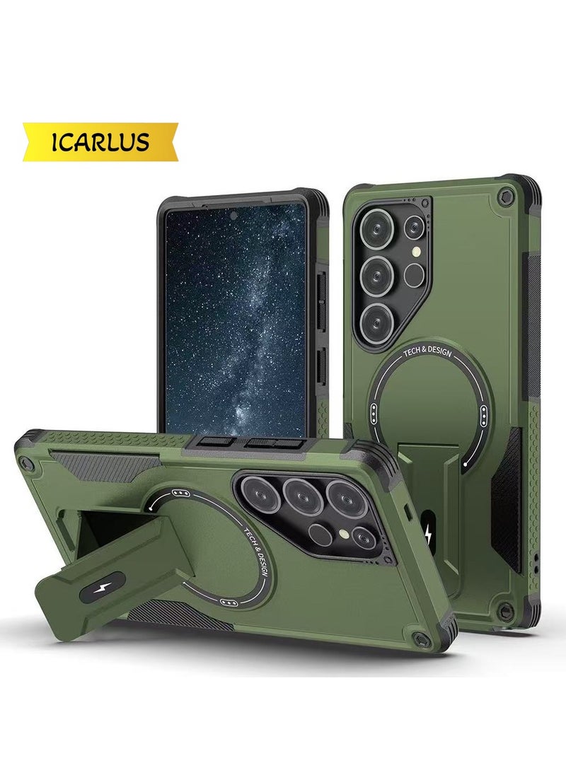 ICARLUS For Samsung Galaxy S24 Ultra with Kickstand Compatible with MagSafe Dual Laye Drop Proof Phone Case Stand Green  - Image 1