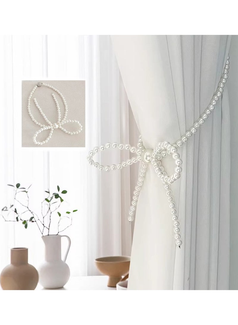 1 Piece Curtain Tiebacks ,Strong Magnetic Curtain Tiebacks,Pearl Design Curtain Ties ,Curtain Holders for Drapes Backs ,Modern Style Curtain Hooks Holdback Decorative(Bows) - Image 1