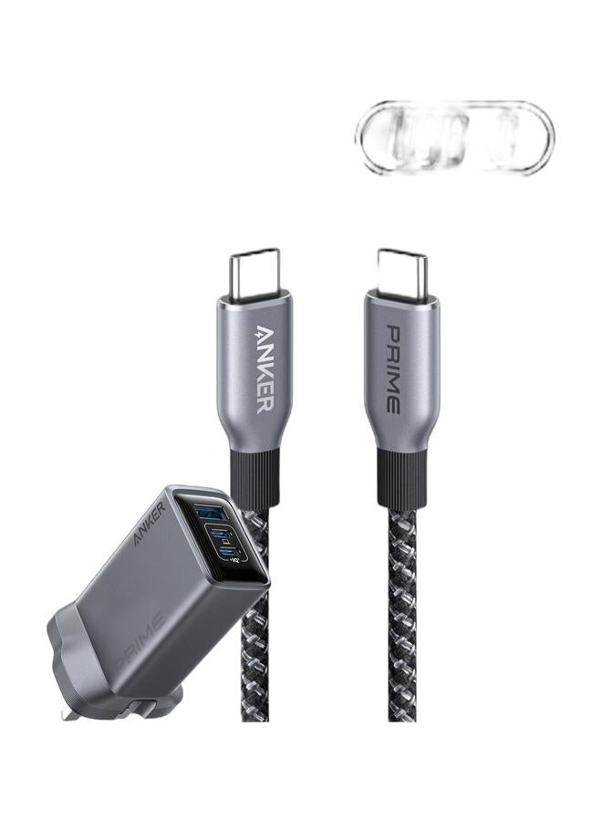 Prime 100W USB C Charger, 3-Port Foldable and Compact GaN Charger, For MacBook Pro/Air, iPad Pro, iPhone 17/16 Series, Galaxy S24/S23, Huawei, Pixelbook, Apple Watch, Xiaomi, Vivo and More & Prime USB C to USB C Cable, 240W 3 ft Fast Charging USB C Cable, Upcycled-Braided Nylon with High Durability, USB 2.0 Cable for iPhone 17/16 Series, MacBook, iPad, Samsung, Huawei, Xiaomi, Vivo Bundle