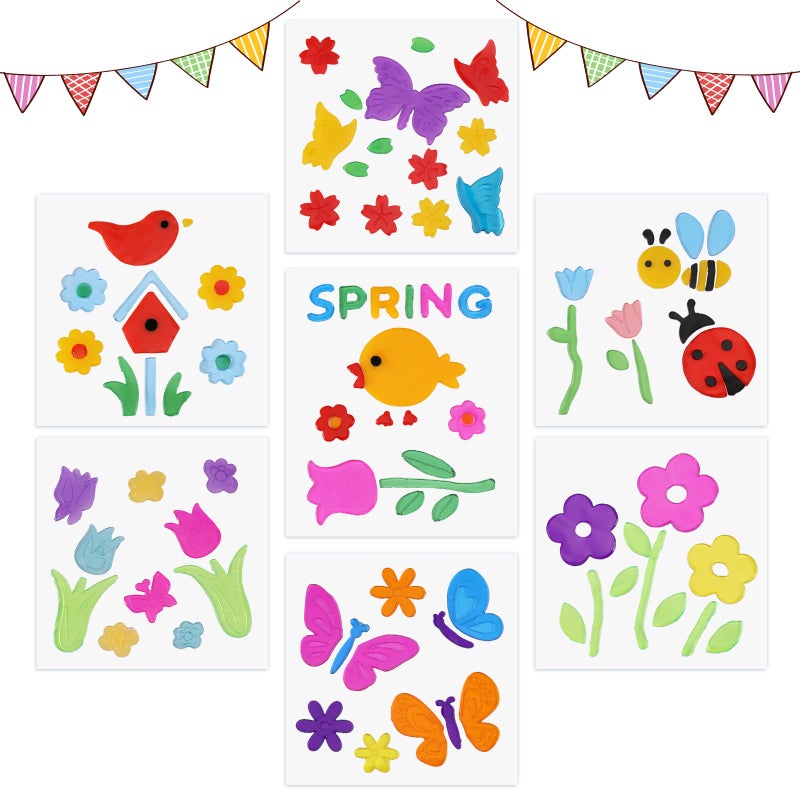 Whaline Whaline 7 Sheets Spring Window Gel Clings Flowers Butterflies Bee Beetle Bird Double Side Window Jelly Stickers Decals Decorations for Refrigerators Bedroom Home Office School Holiday Party Gift 