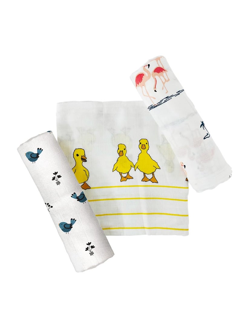 TinyLane - Curated for you! TinyLane Curated for you 100 Organic Bamboo Muslin Swaddle New Born Baby 06 Months 90x90 cm Multi Color Skin Friendly Duck Flamingo Bird Pack of 3 