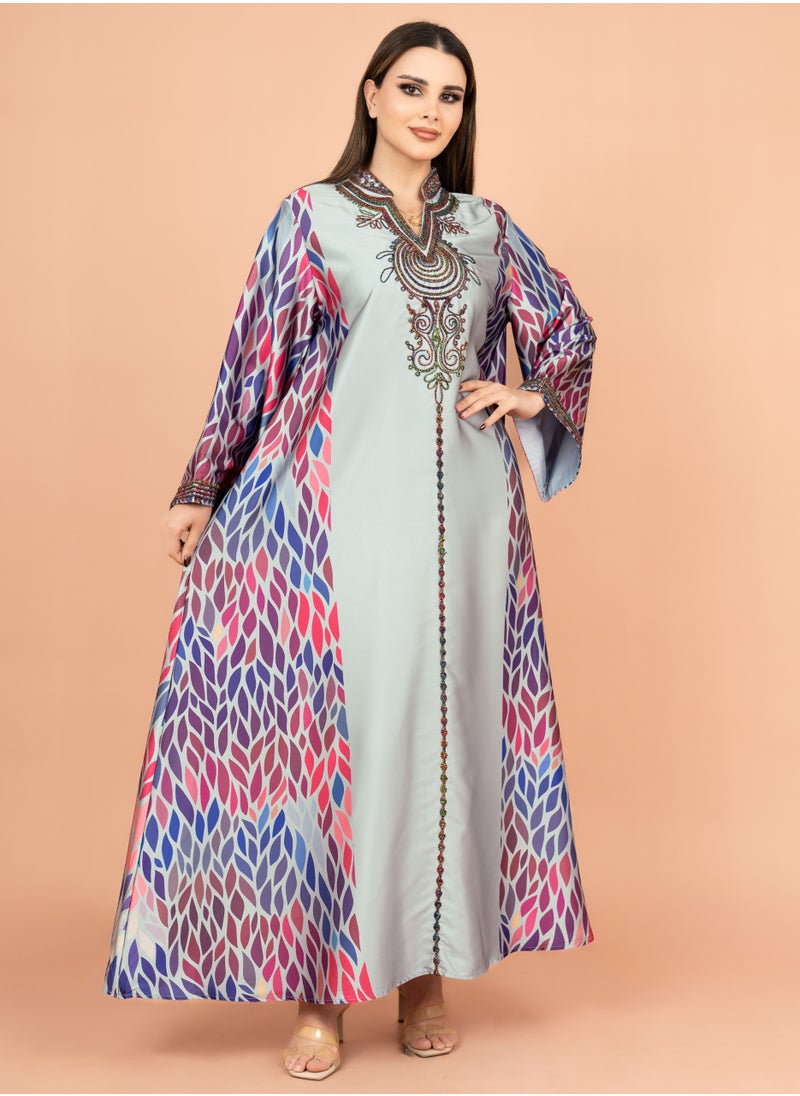 IKKXA Mandarin Collar Embroidered Jalabiya IK1013 Green  - Image 1