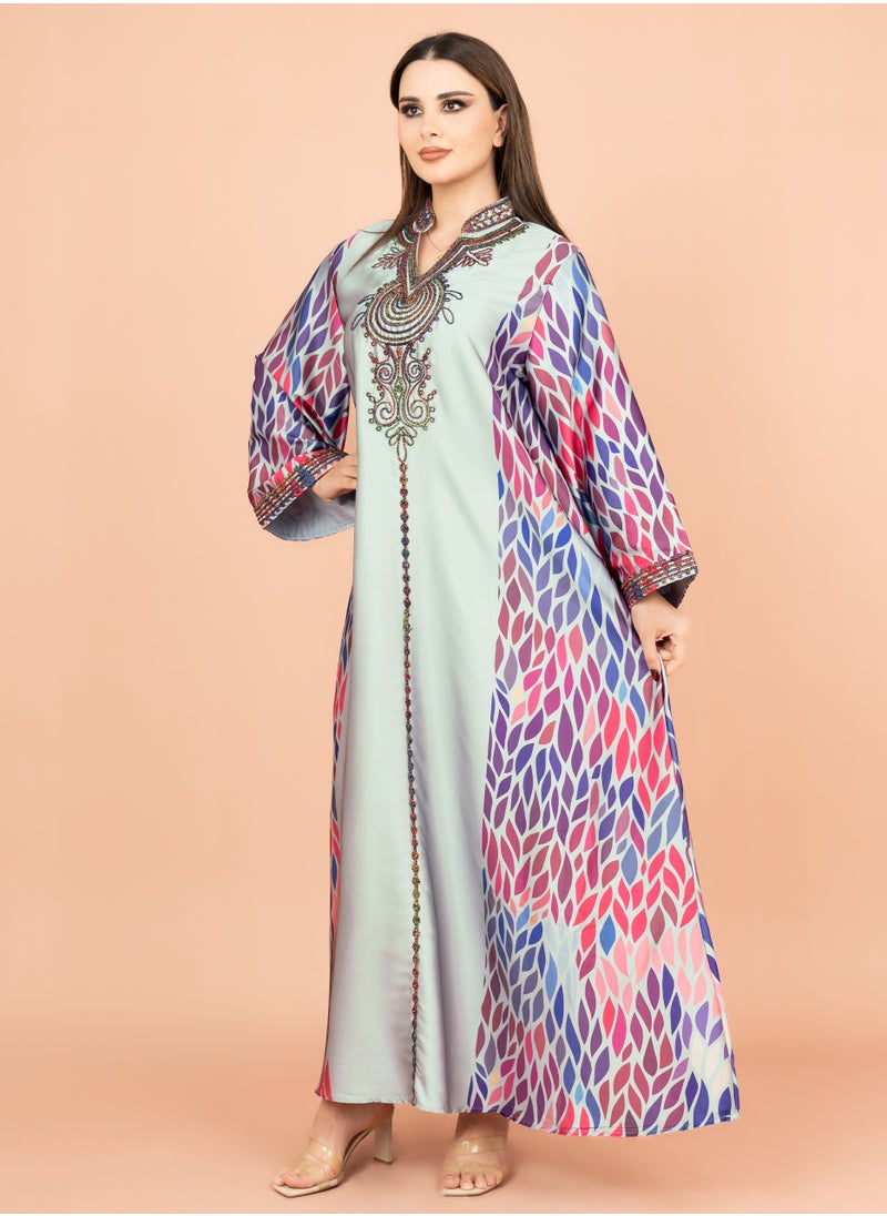 IKKXA Mandarin Collar Embroidered Jalabiya IK1013 Green  - Image 3