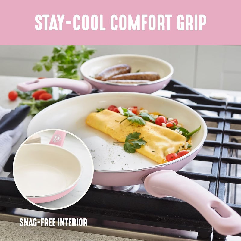 جرين لايف مجموعة أدوات الطهي Soft Grip المكونة من 8 قطع، أواني سيراميك غير لاصقة صحية، مقالي ومقالي صلصة، خالية من PFAS و PFOA، آمنة للغسيل في غسالة الأطباق، تسخين متساوٍ، أساسيات المطبخ متعددة الاستخدامات، وردي ناعم - Image 5